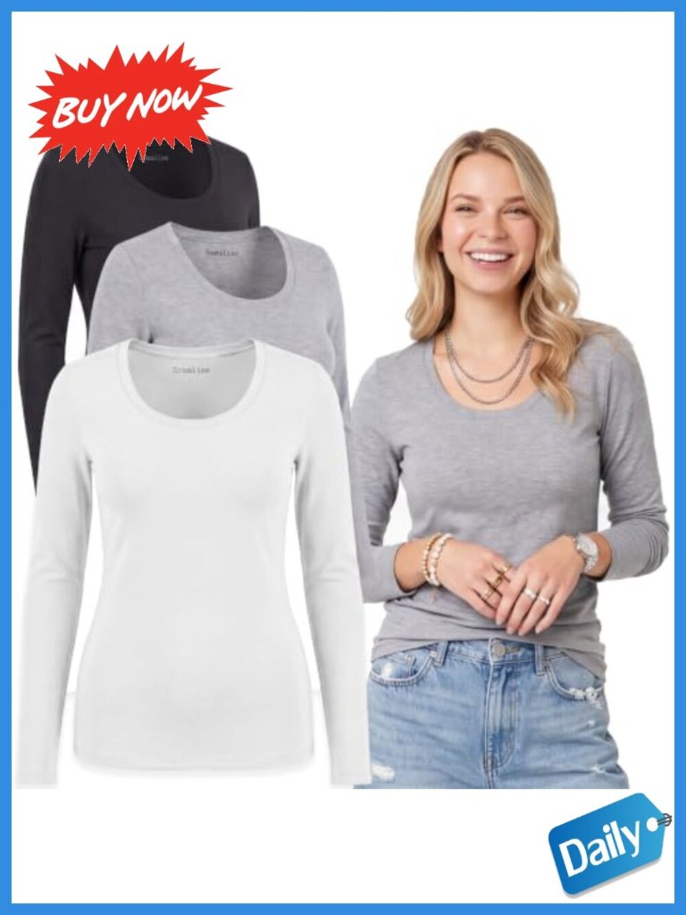 Women's Cotton Spandex Slim Fit Long Sleeve Scoop Neck Tee